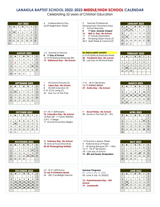 School Calendar Lanakila Baptist Schools