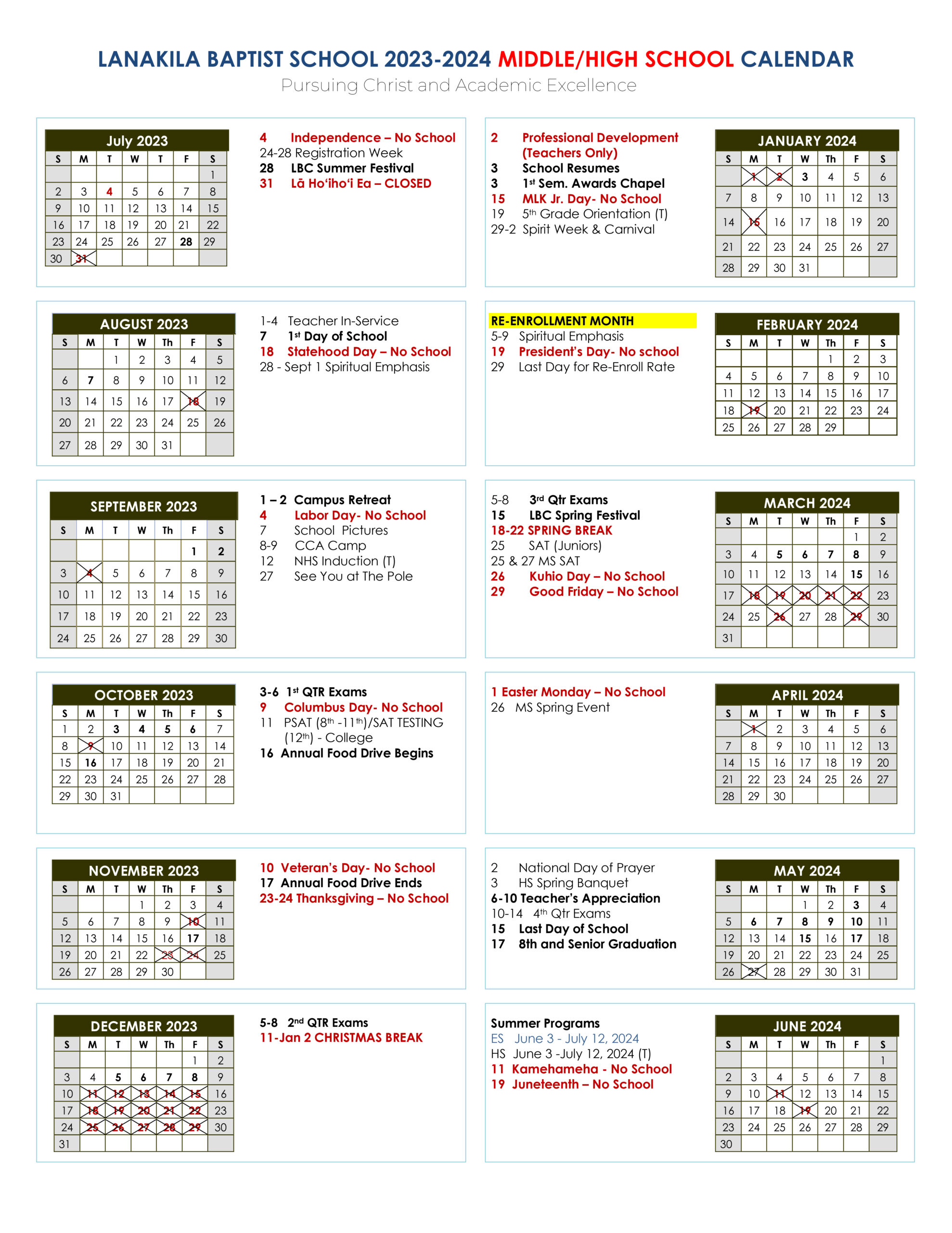 School Calendar | Lanakila Baptist Schools